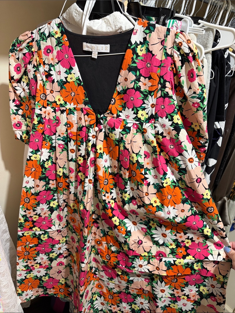 Karlie Pink Orange Floral V-Neck Puff Sleeve dress